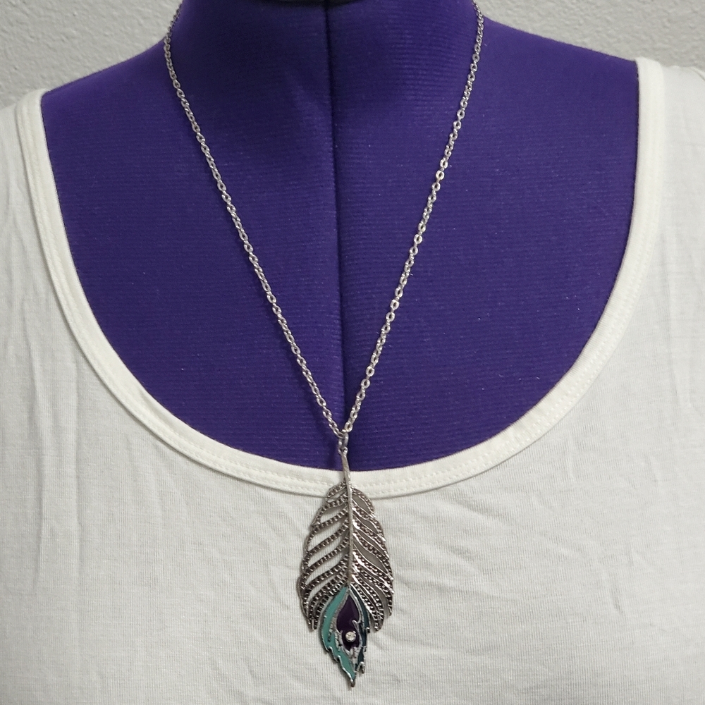 Boho Feather Pendant Necklace Silver Tone Turquoise Festival Statement Jewelry